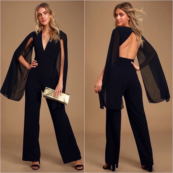 Lulus Pants - Lulu’s “Weekender” Black Backless Cape Sleeve Sexy Deep Vneck Formal Jumpsuit